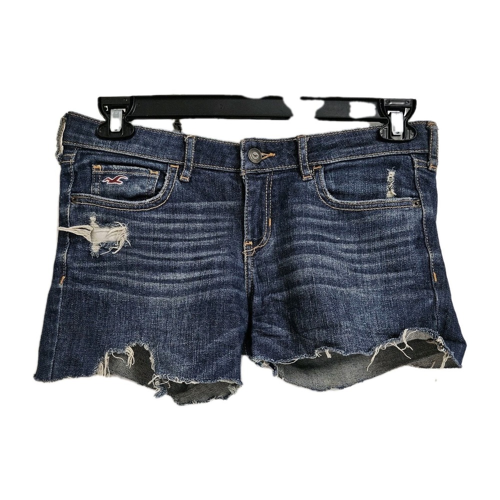 Hollister Jean Shorts Womens 7/28 Dark Blue Distressed Low Rise Cut Off Denim